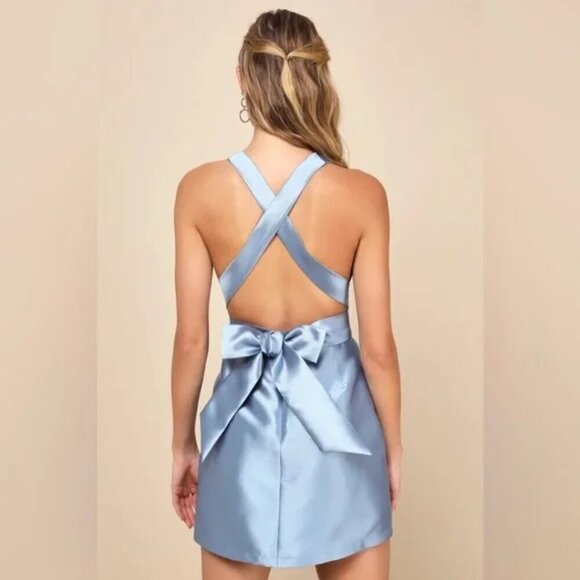 Lulus Womens Backless Bow Mini Dress Slate Blue Taffeta - Picture 2 of 4